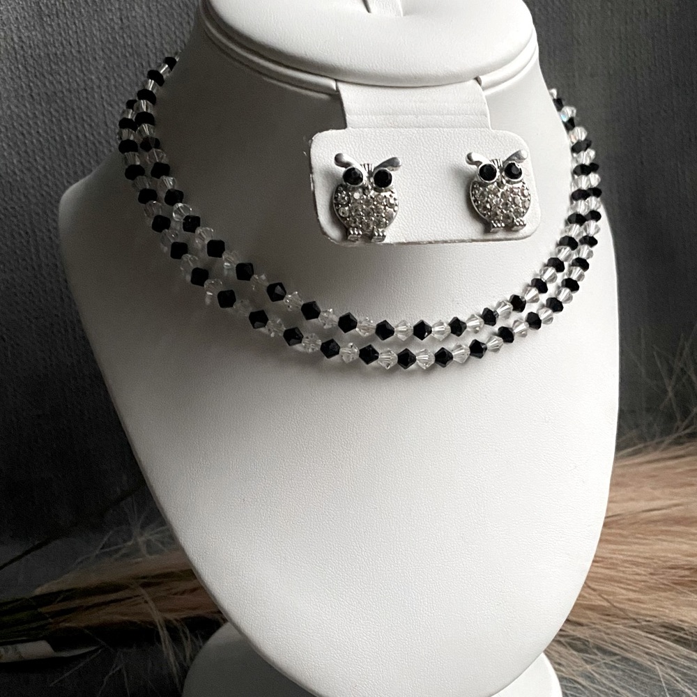 Vintage- Jet & Rock Crystal Double Strand Necklace w/ Owl Crystal Earrings